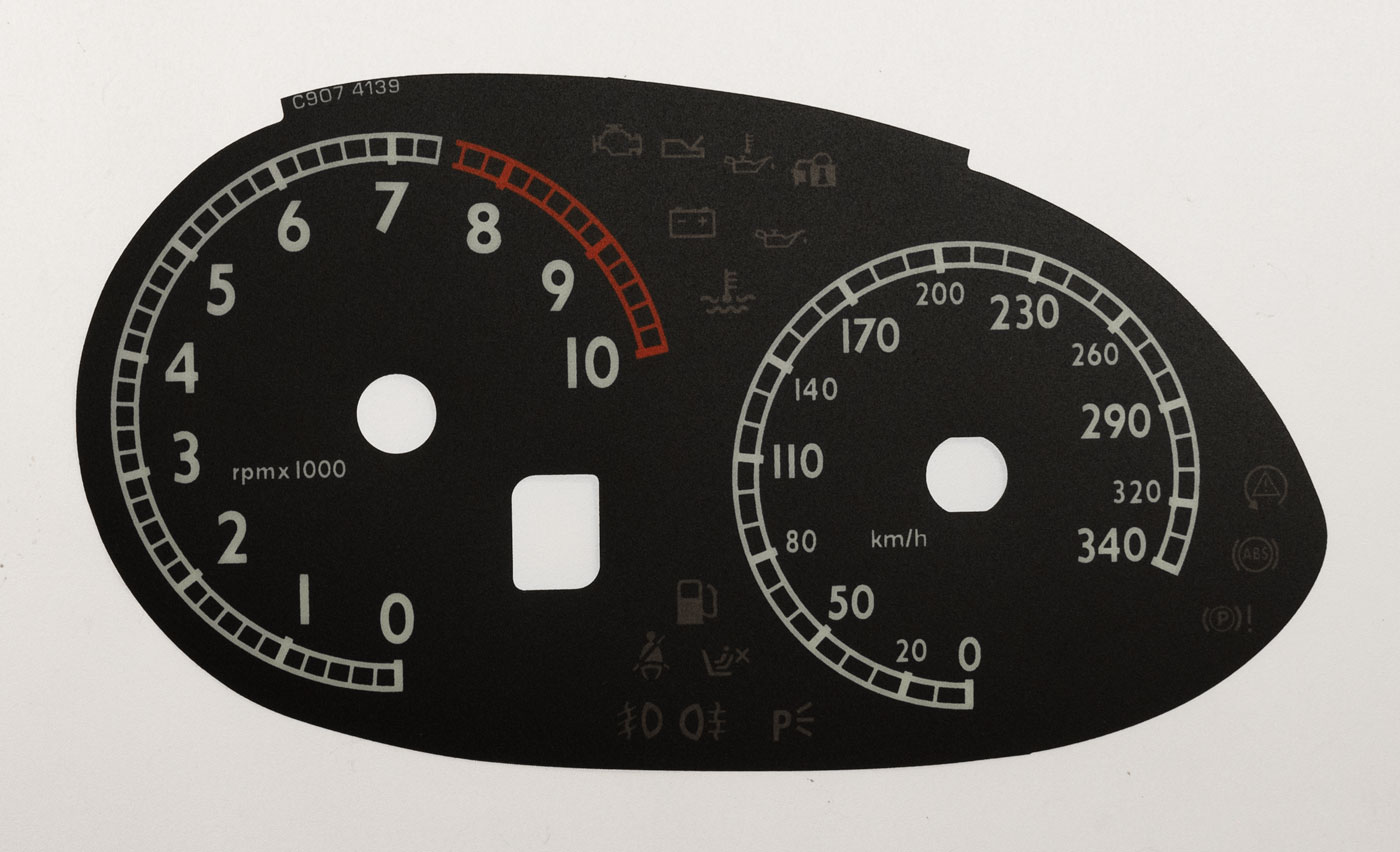 Ferrari 599 GTB Fiorano & 612 Scaglietti. MPH to KMH Conversion Dial for imported vehicle. Part No. C907