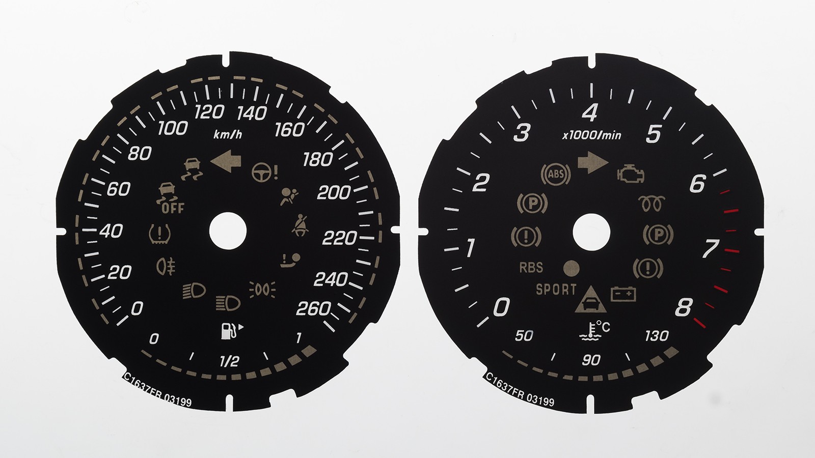 Mercedes E300 (Right Fuel Arrow), MPH to KMH Conversion Dial for imported / exported vehicle. Part No. C1637FR