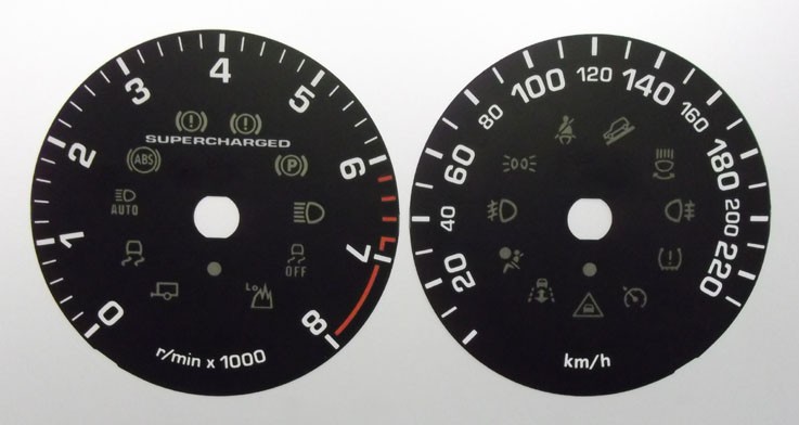 Range Rover Sport & Land Rover Discovery Supercharged. Black or Cream MPH to KMH Conversion Dial for imported / exported vehicle. Part No. C684SC