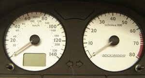Peugeot 106 and Citroen Saxo Dials. Speedo to 140 MPH & With Rev. Counter. WITH Digital Mileage Window. Part No. 45K
