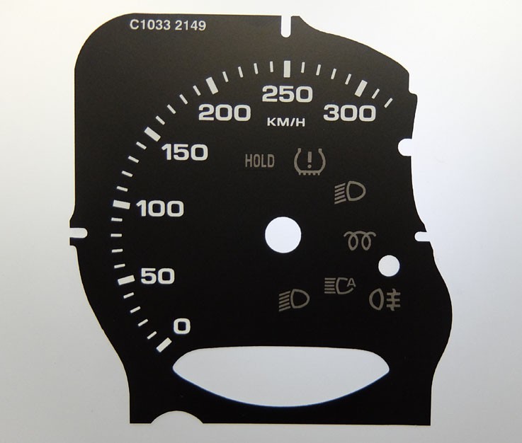 Porsche Panamera with Auto-Light icon, MPH to KMH Conversion Dial. Part No. C1033