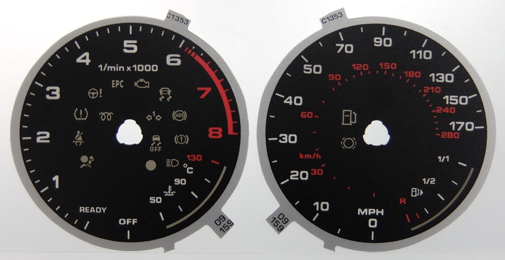Audi A3 Petrol. KMH to MPH Conversion Dial. 170 MPH. No Adaptive Cruise Control. With READY/OFF on Rev. Part No. C1353