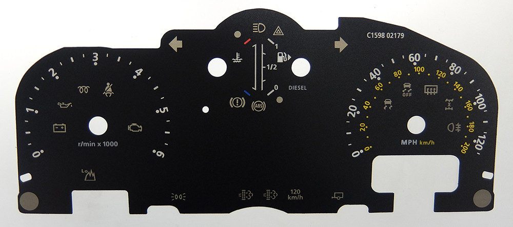 Land Rover Defender with 2x TC icons Diesel Models, KMH to MPH Conversion Dial for imported / exported vehicle. Part No. C1598