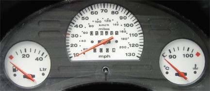 Corsa ‘B’ Dials. Speedo reads ’10’ to 130 MPH’. No rest-pegs on fuel & temp gauges. Part No. 400RR1