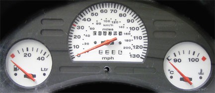 Corsa ‘B’ Dials. Speedo reads ‘0’ to 130 MPH’. No rest-pegs on fuel & temp gauges. Part No. 400RR2