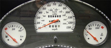Corsa ‘B’ Dials. Speedo reads ’10’ to 130 MPH’. With rest-pegs on fuel & temp gauges. Part No. 44K/R2