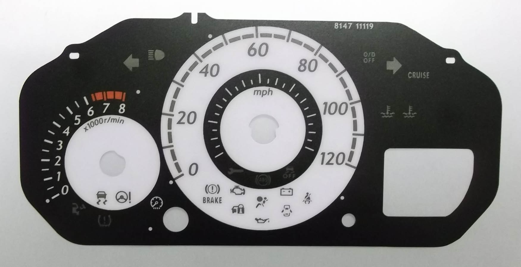Mazda 2. KMH to MPH White Conversion Dial for imported vehicle. Part No. 8147
