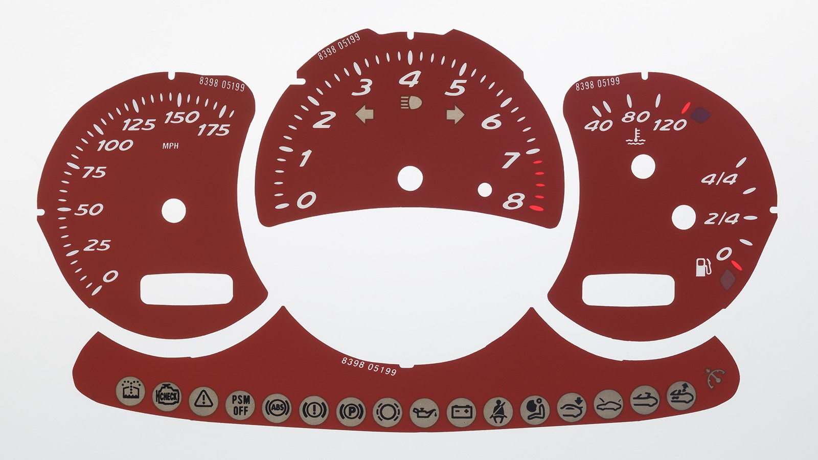 Porsche Boxster 986 Red MPH Replacement Dial. Part No. 8398