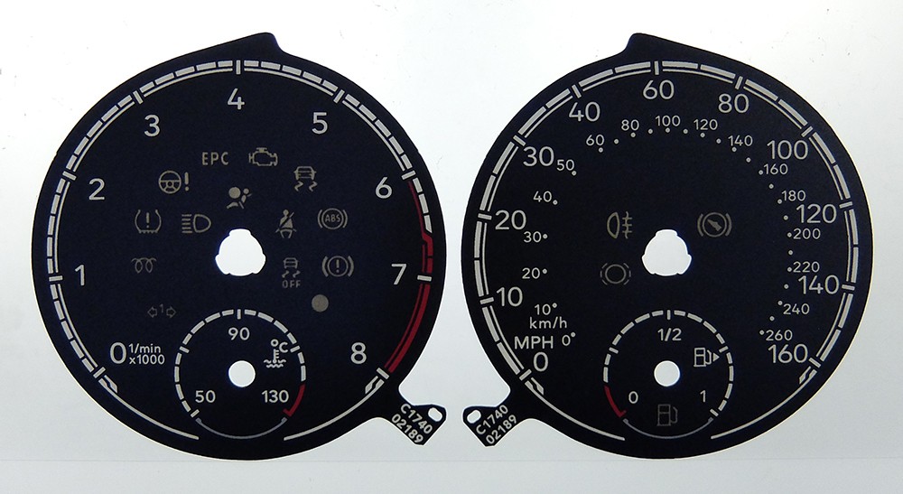 Polo Petrol MK6 2017 onwards and T-Cross KMH to MPH Conversion Dial for imported vehicle. 160 MPH. Part No. C1740