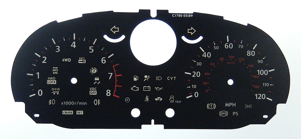 Qashqai, Xtrail. KMH to MPH Conversion Dial for imported vehicle (Petrol). Part No. C1780