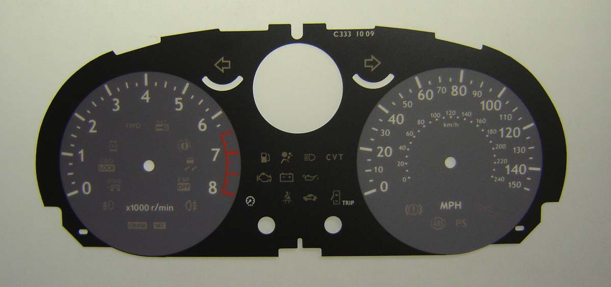 Qashqai, Xtrail. KMH to MPH Conversion Dial for imported vehicle (Petrol). Part No. C333