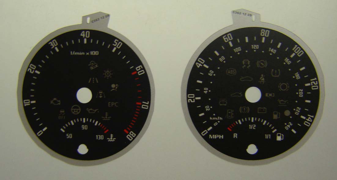Octavia MK2, 09 – 13 approx, Kmh to MPH Dials. Part No. C362
